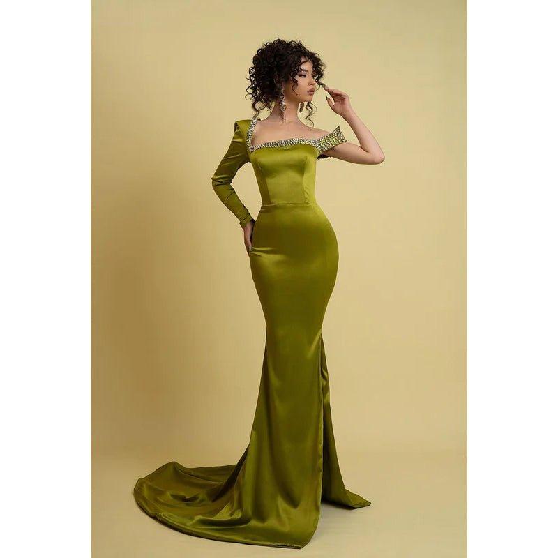Chic & Modern Mermaid Asymmetrical Beaded Evening Gown Prom Dress with Long Sleeves