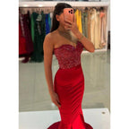 Chic & Modern Mermiad Strapless Red Beaded Sequins Satin Long Prom Dress