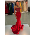 Chic & Modern Mermiad Strapless Red Beaded Sequins Satin Long Prom Dress