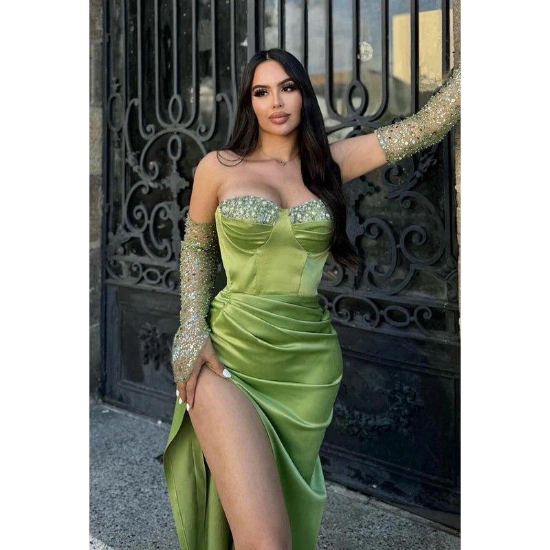 Chic & Modern Off-Shoudler Long Sleeves Side Slit Ruched Rhinestones Prom Dress