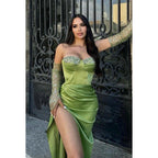 Chic & Modern Off-Shoudler Long Sleeves Side Slit Ruched Rhinestones Prom Dress