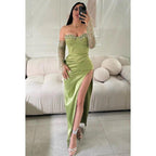 Chic & Modern Off-Shoudler Long Sleeves Side Slit Ruched Rhinestones Prom Dress