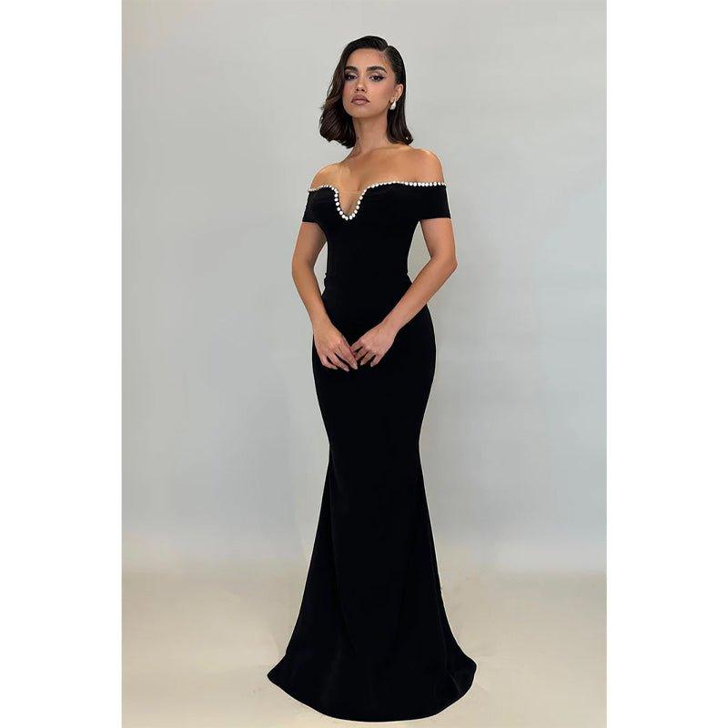 Chic & Modern Off-shoulder Beaded Black Long Prom Party Dress