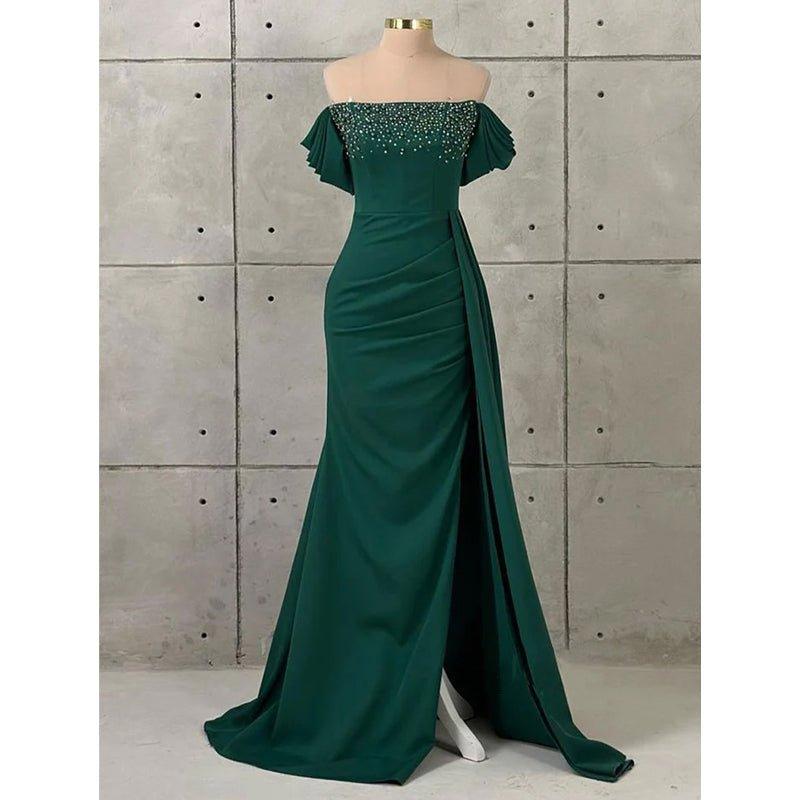 Chic & Modern Off-shoulder Beaded Satin Long Prom Evening Dress