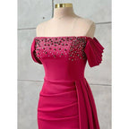 Chic & Modern Off-shoulder Beaded Satin Long Prom Evening Dress