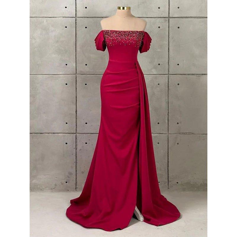 Chic & Modern Off-shoulder Beaded Satin Long Prom Evening Dress