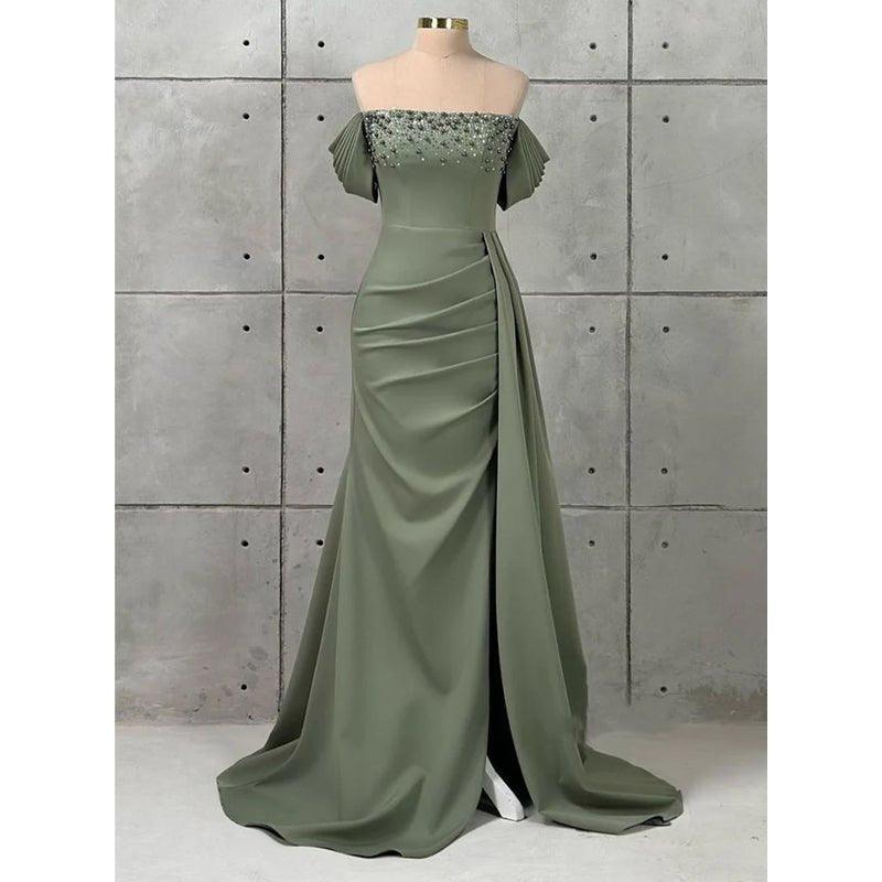 Chic & Modern Off-shoulder Beaded Satin Long Prom Evening Dress