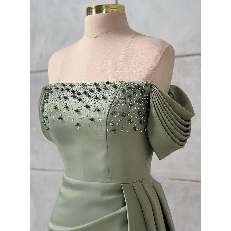 Chic & Modern Off-shoulder Beaded Satin Long Prom Evening Dress
