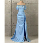 Chic & Modern Off-shoulder Beaded Satin Long Prom Evening Dress