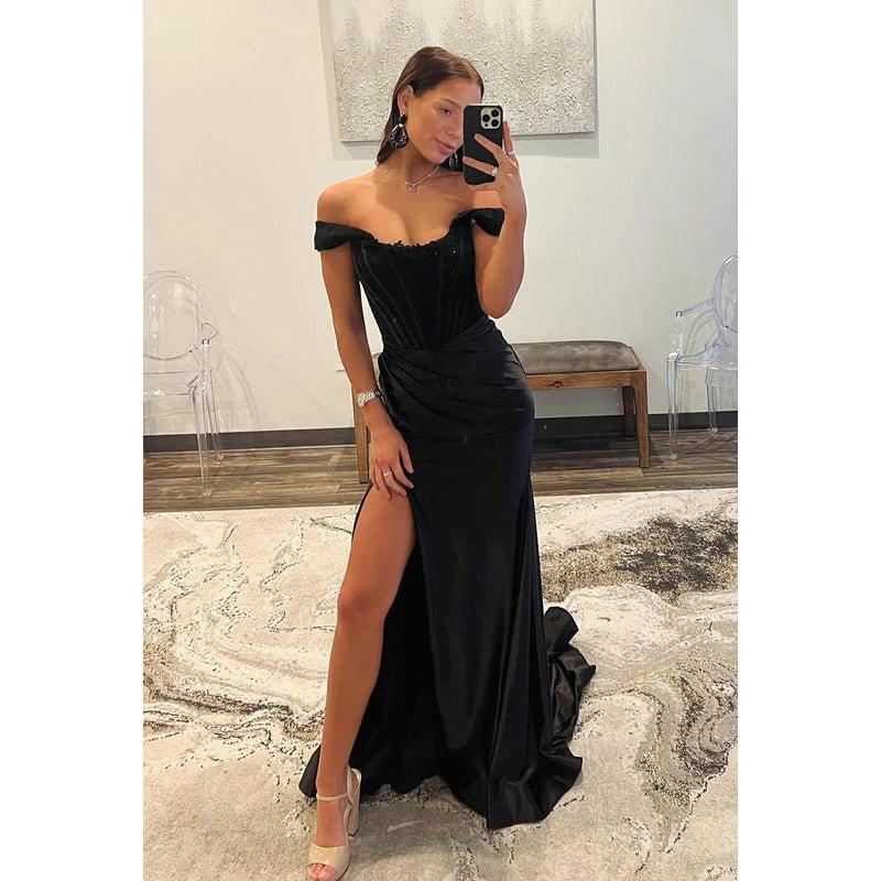Chic & Modern Off-Shoulder Cap Sleeves Sheath Side Slit Evening Party Prom Dress