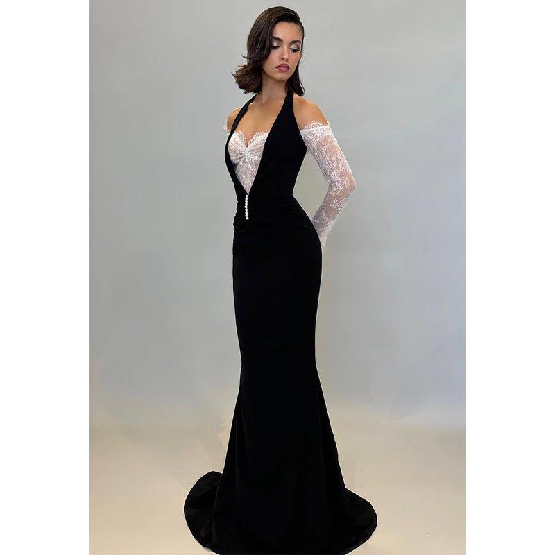 Chic & Modern Off-shoulder Halter Lace Sheer Satin Long Prom Dress