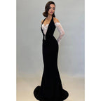 Chic & Modern Off-shoulder Halter Lace Sheer Satin Long Prom Dress