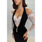 Chic & Modern Off-shoulder Halter Lace Sheer Satin Long Prom Dress