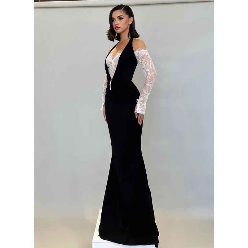 Chic & Modern Off-shoulder Halter Lace Sheer Satin Long Prom Dress