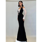 Chic & Modern Off-shoulder Halter Lace Sheer Satin Long Prom Dress