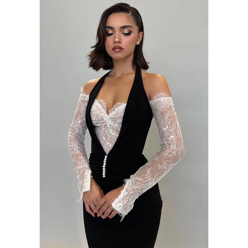 Chic & Modern Off-shoulder Halter Lace Sheer Satin Long Prom Dress