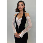 Chic & Modern Off-shoulder Halter Lace Sheer Satin Long Prom Dress