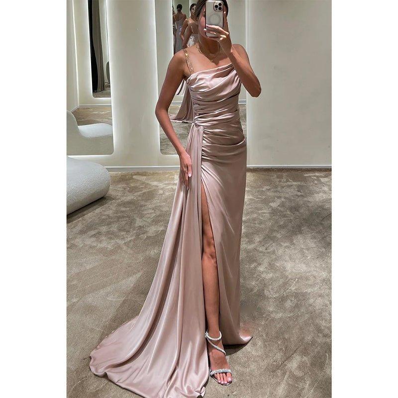 Chic & Modern Satin Straps Pleats Long Prom Dress Evening Dress with Slit