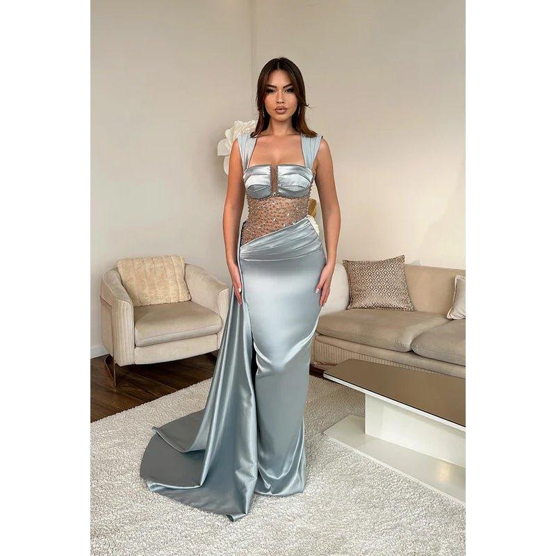 Chic & Modern Sheath Square Illusion Beaded and Draped Long Formal Party Prom Dress with Ove
