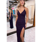Chic & Modern Spagheti straps V-Neck Backless Sheath Slit Party Prom Dress