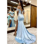 Chic & Modern Spaghetti Straps Cap Sleeves V-Neck Side Slit Trumpet Formal Prom Dress