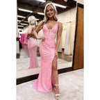 Chic & Modern Spaghetti Straps V-neck Backless Slit Sheath Sequins Prom Dress