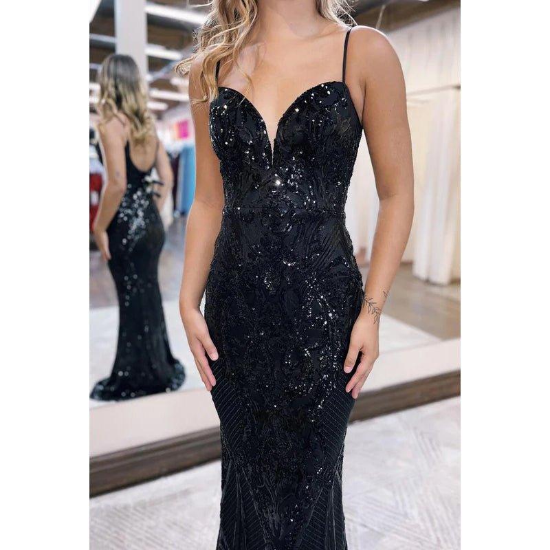 Chic & Modern Spaghetti Straps V-Neck Trumper Sparkly Evening Party Prom Dress