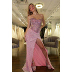 Chic & Modern Strapless Beaded Illusion Pink Prom Dress Evening Gown with Slit