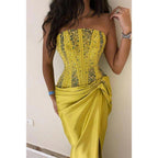 Chic & Modern Strapless Beaded Yellow Pleats Long Prom Evening Dress