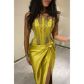 Chic & Modern Strapless Beaded Yellow Pleats Long Prom Evening Dress