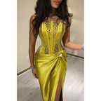 Chic & Modern Strapless Beaded Yellow Pleats Long Prom Evening Dress