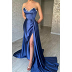 Chic & Modern Sweetheart Beaded Satin Long Prom Dress with Split