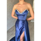 Chic & Modern Sweetheart Beaded Satin Long Prom Dress with Split