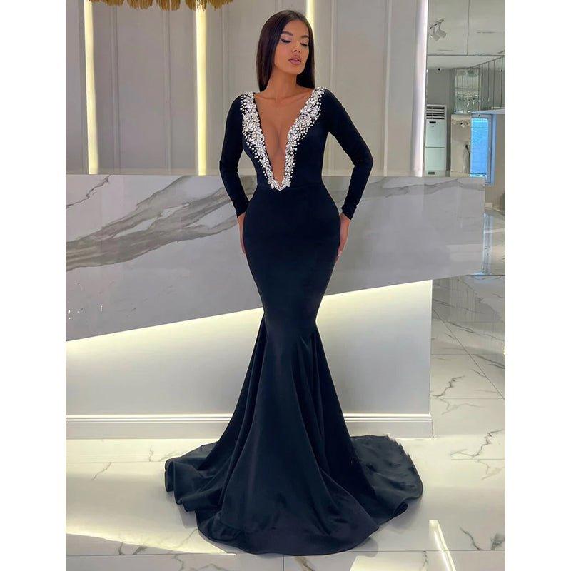 Chic & Modern V-neck Beaded Black Long Long Sleeves Evening Prom Dress