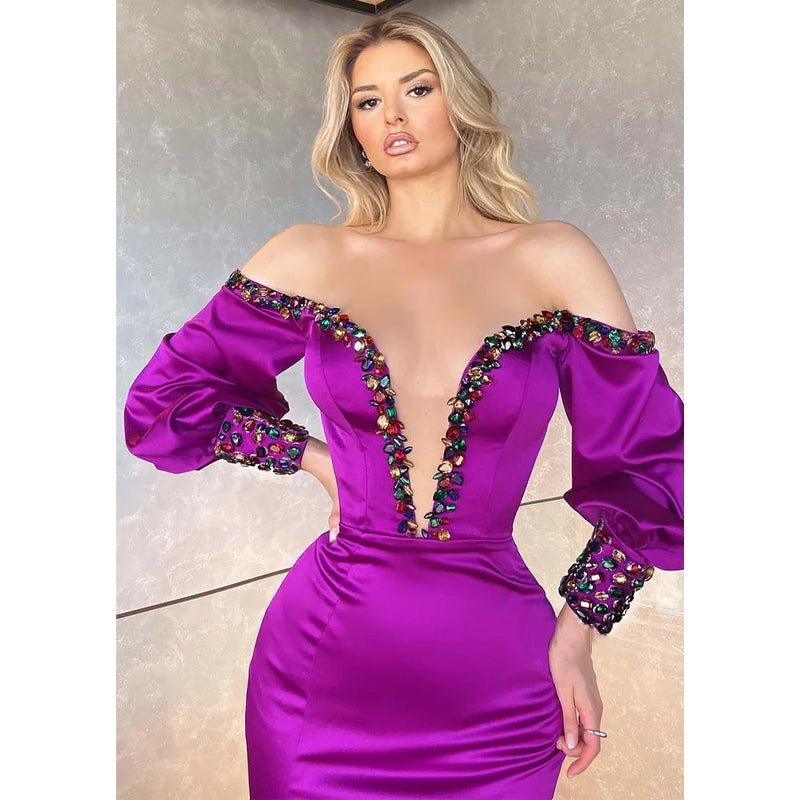 Chic & Modern V-neck Beaded Long Sleeeves Purple Prom Dress with Slit