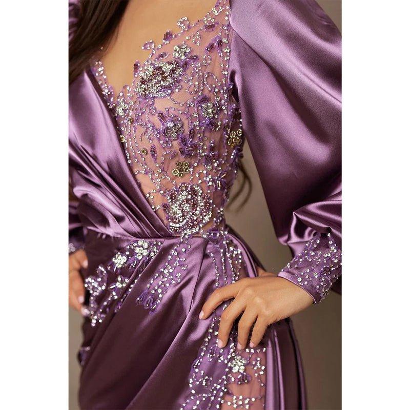Chic & Modern V-neck Bedaed Long Sleeves Split Prom Dress Evening Gowns