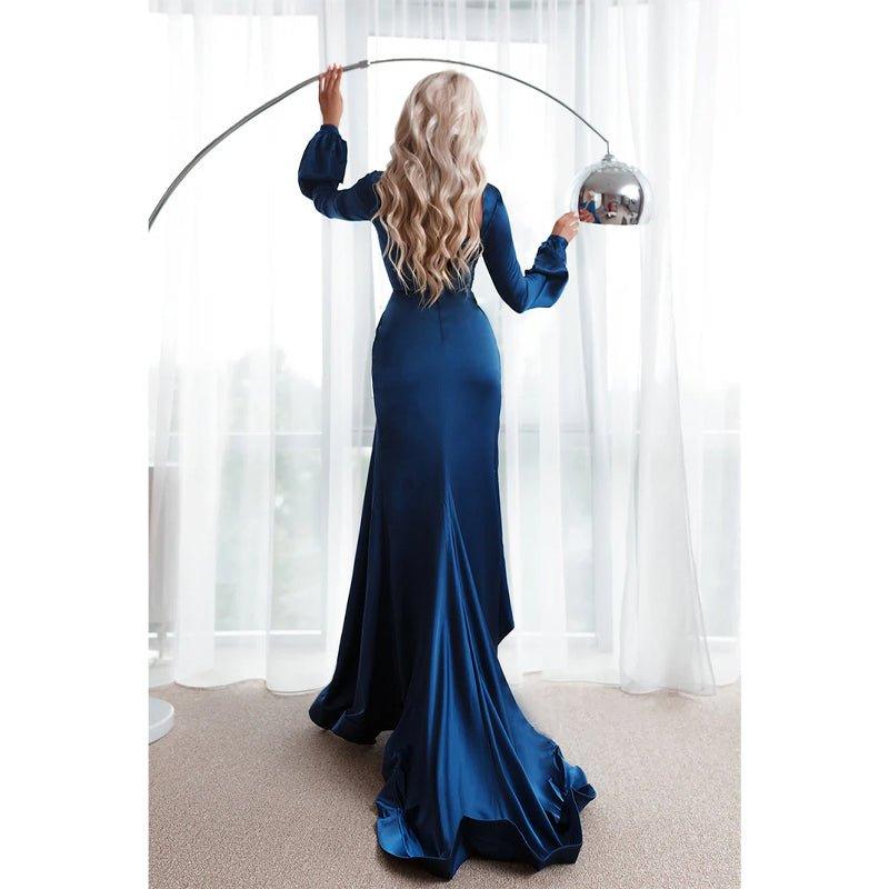 Chic & Modern V-neck Long Sleeves Pleats High Split Prom Dress with Train