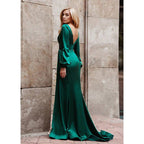 Chic & Modern V-neck Long Sleeves Pleats High Split Prom Dress with Train