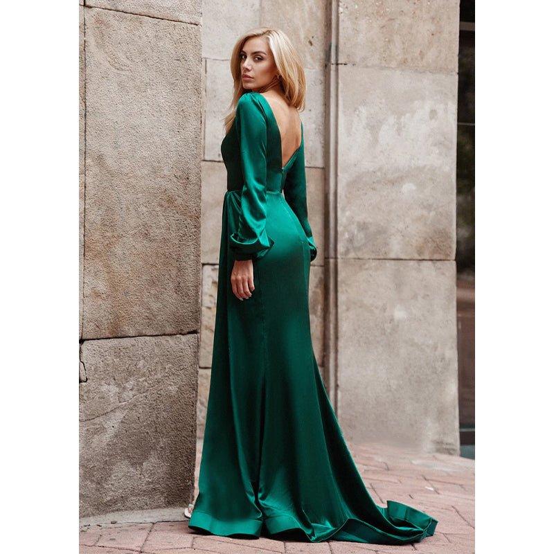 Chic & Modern V-neck Long Sleeves Pleats High Split Prom Dress with Train