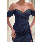 Chic Off-shoulder Beaded Pleats High Split Long Formal Evening Dress