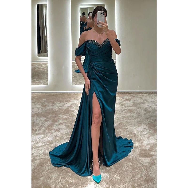 Chic Off-shoulder Beaded Pleats High Split Long Formal Evening Dress