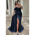 Chic Off-shoulder Beaded Pleats High Split Long Formal Evening Dress