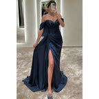 Chic Off-shoulder Beaded Pleats High Split Long Formal Evening Dress