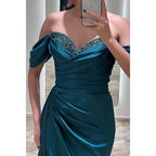 Chic Off-shoulder Beaded Pleats High Split Long Formal Evening Dress