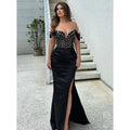 Chic Off-shoulder Beaded Sheer Pleats Long Gown Prom Dress