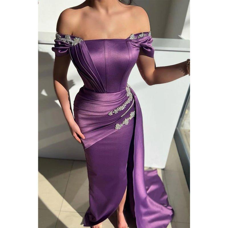 Chic Off Shoulder Satin Beads Mermaid Formal Evening Gowns with Slit