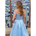 Chic Off-the-shoulder A-line Sky Blue Satin 3d Appliques Long Prom Dress