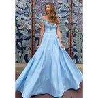 Chic Off-the-shoulder A-line Sky Blue Satin 3d Appliques Long Prom Dress