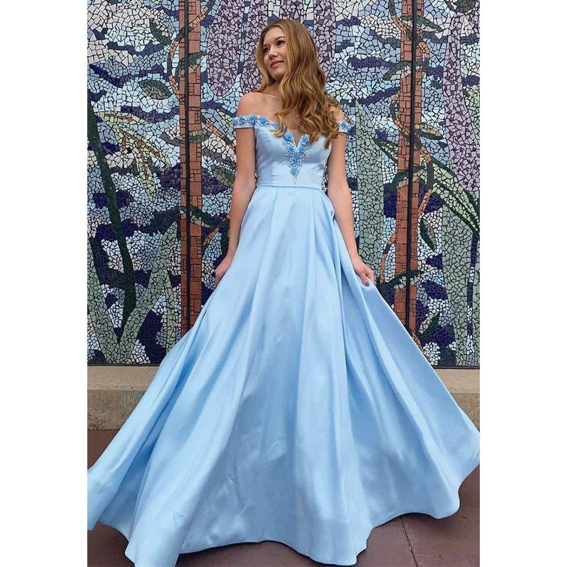 Chic Off-the-shoulder A-line Sky Blue Satin 3d Appliques Long Prom Dress