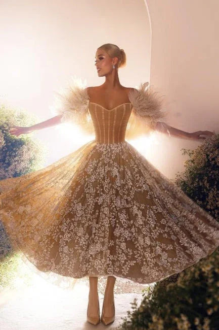 Chic Off-the-shoulder Ankle Length Sweetheart Lace Wedding Dress